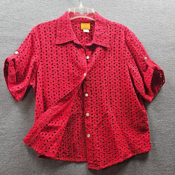 Ruby Red eyelet blouse beach coverup red cinched pleat on back button tab sleeve - Picture 3 of 7